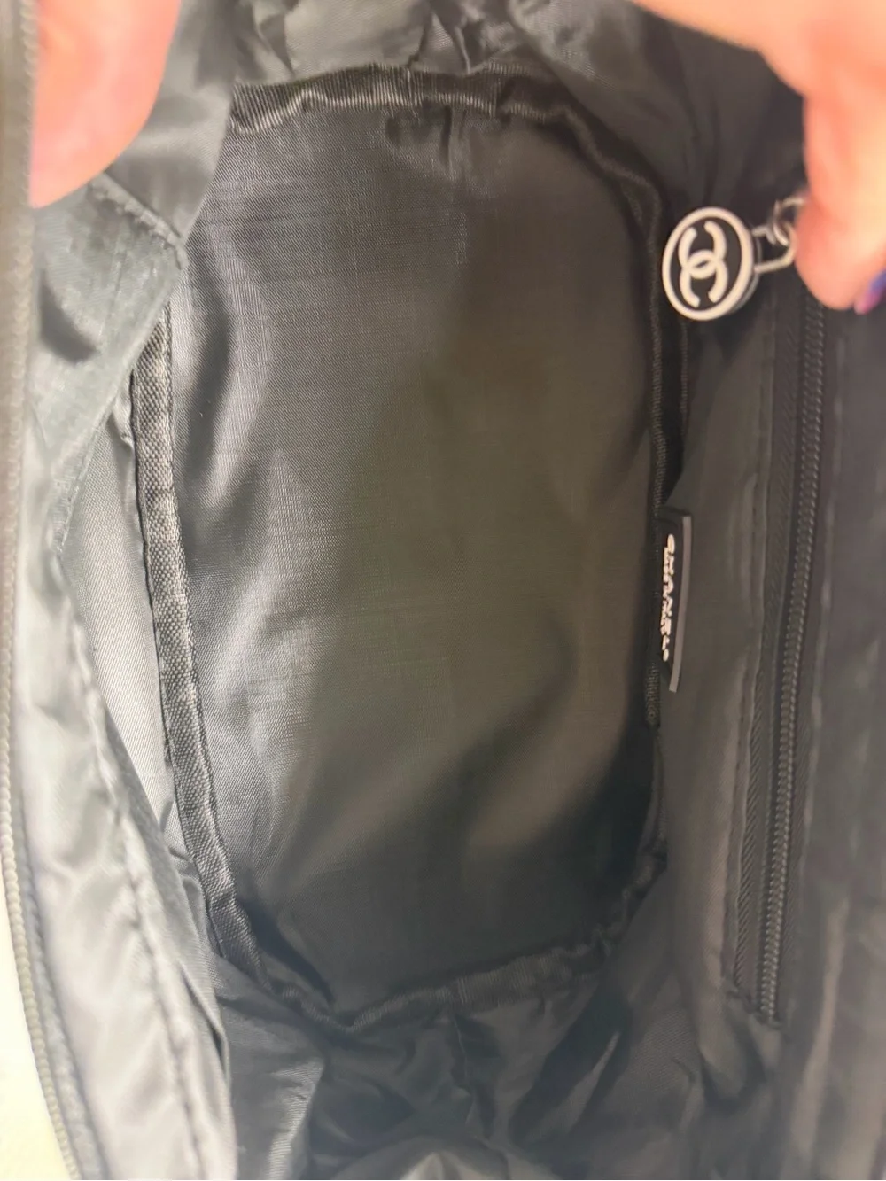CHANEL Beauty- Black Cosmetic Pouch with White CC and Logo Tag